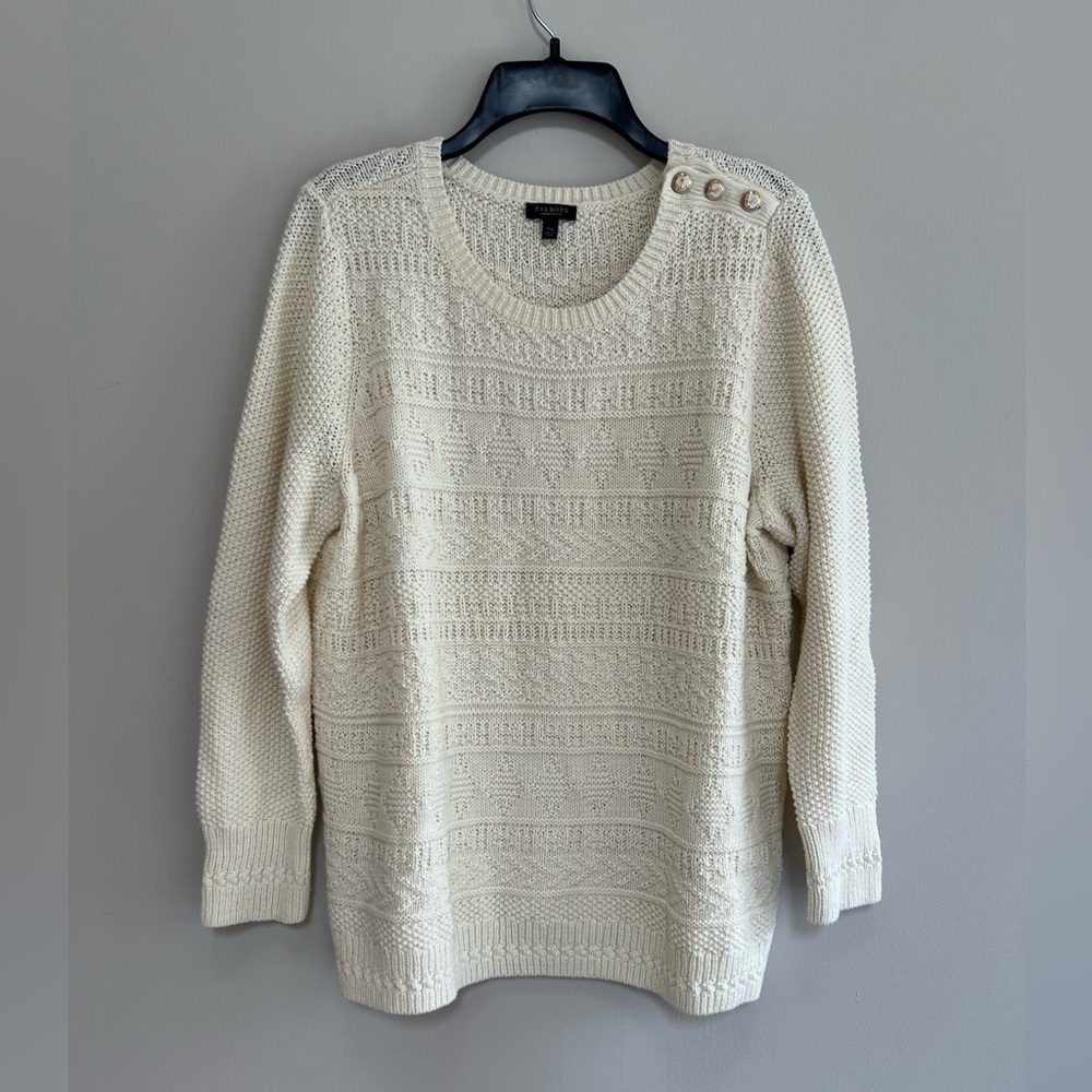 Talbots Women’s Pullover Cotton Knit Sweater Anchor Button Detail, Ivory, 1XP